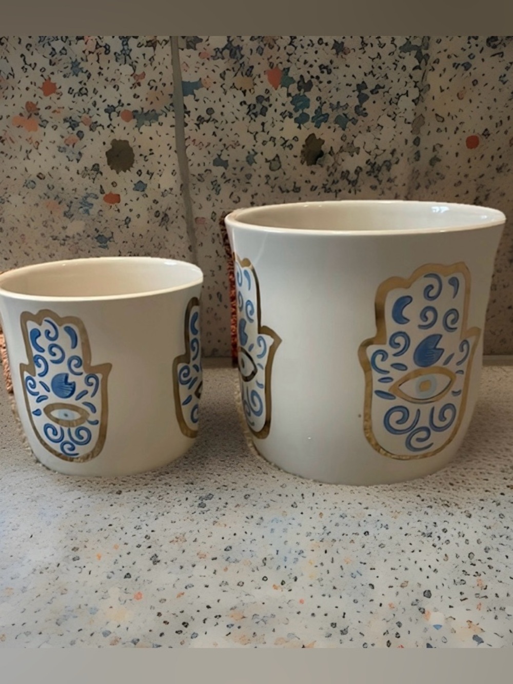 Anthropologie Ceramic Hamsa Planters with Blue and Gold Accents